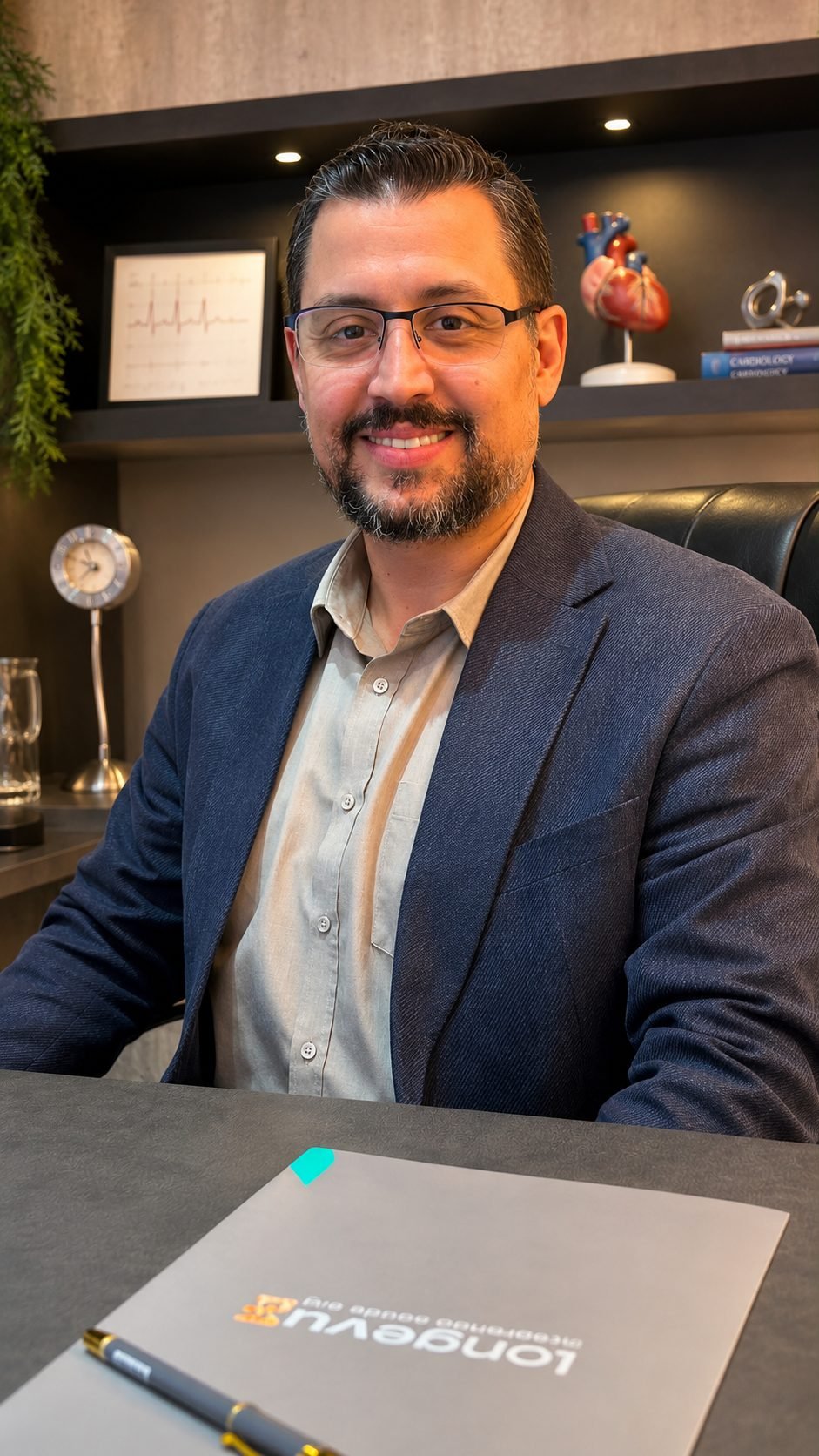 Dr. Rafael Pimenta, cardiologista, sentado em seu consultório